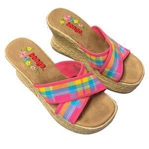 Y2K Bongo Pink Plaid Wedge‎ Sandals 7m